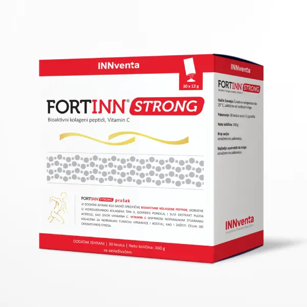 FORTINN® STRONG sadrži 10g bioaktivnih kolagenih peptida FORTIGEL®B koji pomažu kod osteoartritisa, bola u zglobovima i oštećenja hrskavice.