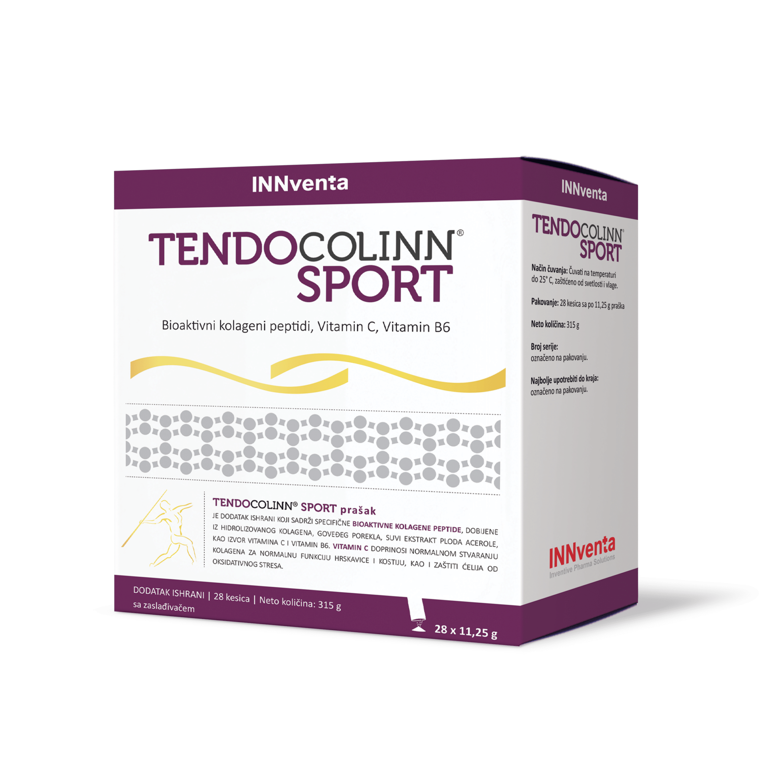 TENDOCOLINN®SPORT predstavlja dodatak ishrani koji sadrži specifične bioaktivne kolagene peptide dobijene iz hidrolizovanog kolagena goveđeg porekla, vitamin C i vitamin B6.
